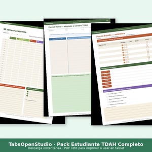 May include: Three printable academic planner pages with a white background and colorful accents. The pages include sections for weekly schedules, Cornell notes, and study plans. The text "TabsOpenStudio - Pack Estudiante TDAH Completo" is at the bottom.