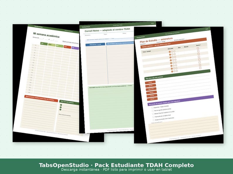 May include: Three printable academic planner pages with a white background and colorful accents. The pages include sections for weekly schedules, Cornell notes, and study plans. The text "TabsOpenStudio - Pack Estudiante TDAH Completo" is at the bottom.