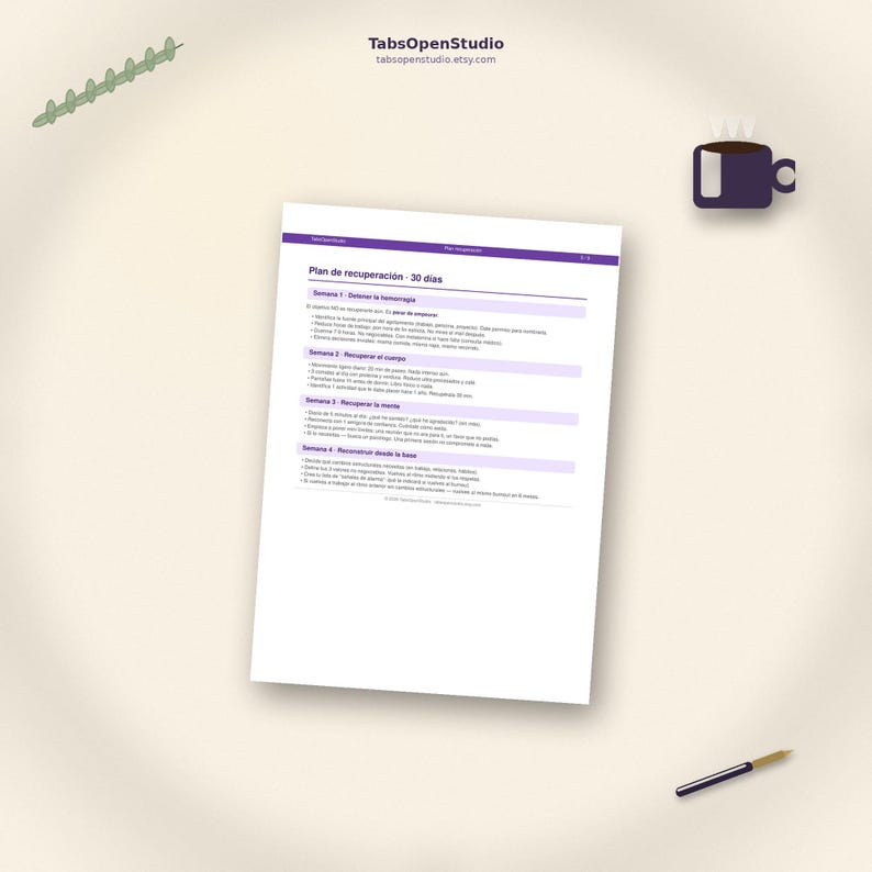May include: A white sheet of paper with text in Spanish, titled "Plan de recuperaci&oacute;n - 30 d&iacute;as" in purple. The paper is on a light beige surface, with a pen, a small purple cup, and a sprig of green leaves.