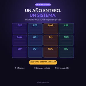 Pu&ograve; includere: Un'agenda digitale per il 2026 con sfondo viola scuro. L'agenda &egrave; organizzata per mese, con ogni mese di un colore diverso. Il testo include "UN A&Ntilde;O ENTERO. UN SISTEMA." e "Planificador Anual TDAH - Imprimible en casa."