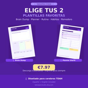 May include: Purple graphic with the text "ELIGE TUS 2 PLANTILLAS FAVORITAS" and "Brain Dump, Planner, Rutina, H&aacute;bitos, Pomodoro". Two digital planner templates are displayed. The price is &euro;7.97. Text includes "Dise&ntilde;ado para cerebros TDAH" and "Espa&ntilde;ol + English included".