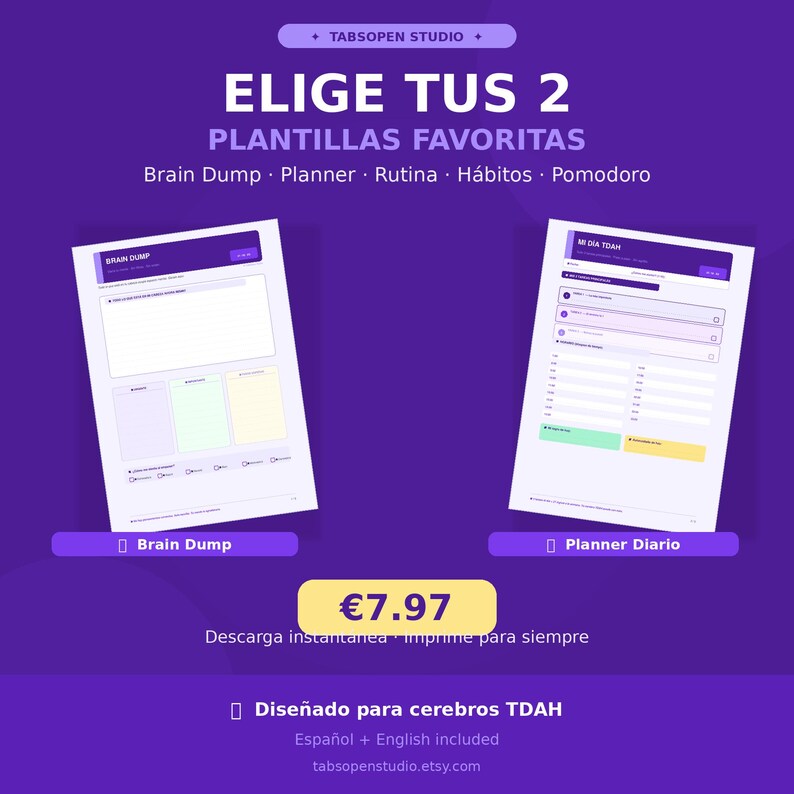 May include: Purple graphic with the text "ELIGE TUS 2 PLANTILLAS FAVORITAS" and "Brain Dump, Planner, Rutina, H&aacute;bitos, Pomodoro". Two digital planner templates are displayed. The price is &euro;7.97. Text includes "Dise&ntilde;ado para cerebros TDAH" and "Espa&ntilde;ol + English included".