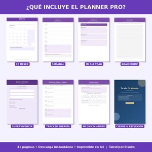 May include: A digital planner with various page layouts, including monthly calendars, weekly schedules, and daily planning sections. The planner features sections for brain dumping, habit tracking, and reflection, all in a purple and white color scheme.