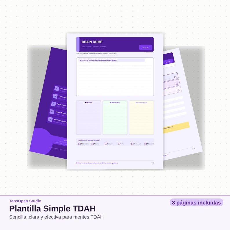 May include: A set of three purple and white printable pages with the text "BRAIN DUMP" at the top. The pages include sections for notes and checklists. The bottom of the image has the text "Plantilla Simple TDAH" and "3 p&aacute;ginas incluidas".