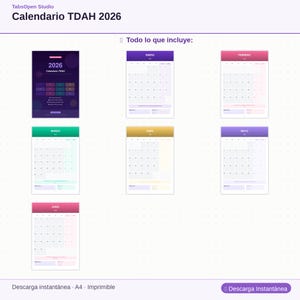 Pu&ograve; includere: Una collezione di calendari stampabili per il 2026, ognuno con uno schema di colori diverso per i mesi. I calendari riportano il testo "Calendario TDAH 2026" e "Descarga instant&aacute;nea A4 - Imprimible". &Egrave; presente anche il testo "Todo lo que incluye:"