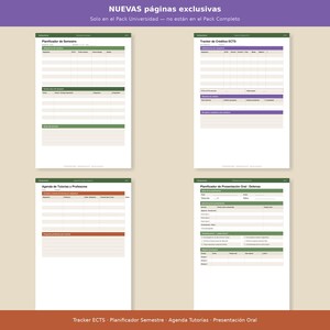 May include: Four academic planner pages with text in Spanish. The pages are white with green and purple accents. The top of the image has the text "NUEVAS p&aacute;ginas exclusivas" and "Solo en el Pack Universidad - no est&aacute;n en el Pack Completo". The bottom of the image has the text "Tracker ECTS Planificador Semestre Agenda Tutor&iacute;as Presentaci&oacute;n Oral".