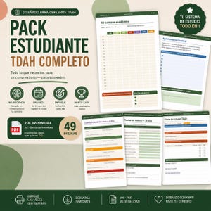 May include: A collection of printable PDF student planner pages designed for ADHD brains. The pack includes a weekly academic planner, habit tracker, and study journal. The cover features text in Spanish, with icons and the phrase "Designed for ADHD brains."