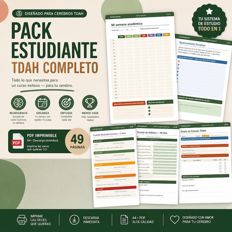 May include: A collection of printable PDF student planner pages designed for ADHD brains. The pack includes a weekly academic planner, habit tracker, and study journal. The cover features text in Spanish, with icons and the phrase "Designed for ADHD brains."