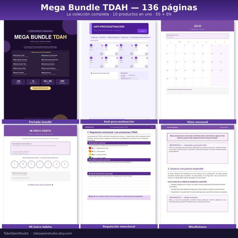 May include: A digital planner bundle with a purple and white design. The bundle includes 136 pages and 10 products. The text on the pages includes "Mega Bundle TDAH", "Anti-procrastination", and "Mi &uacute;nico h&aacute;bito".