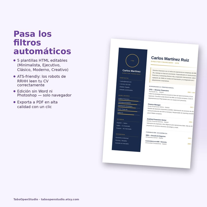 May include: A professional resume template with a navy blue and white design. The resume includes sections for contact information, skills, experience, and education. Text on the left side reads "Pasa los filtros autom&aacute;ticos" and lists features like HTML editable templates.