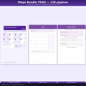 May include: A digital planner bundle with a purple and white design. The bundle includes pages for anti-procrastination, a monthly calendar, and habit tracking. Text on the pages includes "Anti-Procrastinaci&oacute;n", "Julio", and "Mi &uacute;nico h&aacute;bito".