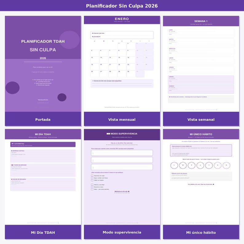 May include: A digital planner with a purple and white design. The planner includes sections for monthly and weekly views, daily tasks, and habit tracking. Text on the planner includes "Planificador TDAH Sin Culpa 2026".