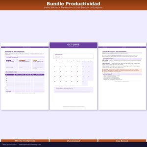 May include: A bundle of productivity printables with a purple and white color scheme. The bundle includes a habit tracker, planner pro, and a burnout guide. The text on the top reads "Bundle Productividad". The image also includes the text "Sistema de Recompensas" and "OCTUBRE".