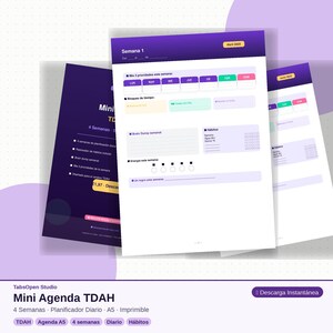 May include: A stack of printable mini ADHD planners with a purple and white design. The planner includes sections for weekly scheduling, habit tracking, and goal setting. The text on the planner reads "Mini Agenda TDAH" and "4 Semanas".