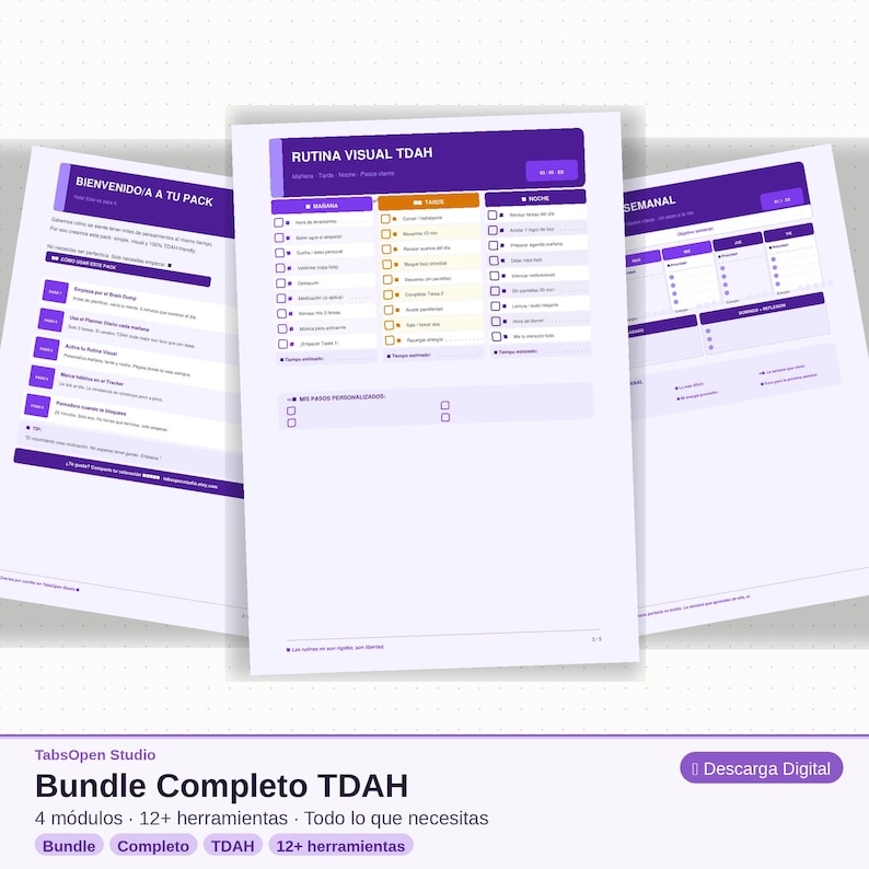 May include: A stack of white papers with purple and orange accents. The papers have text and checklists. The text includes "RUTINA VISUAL TDAH" and "Bundle Completo TDAH". The papers are for a digital download.