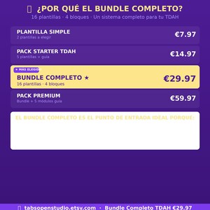 May include: A purple and yellow graphic with text in Spanish. The text includes "BUNDLE COMPLETO" highlighted in yellow, with the price of &euro;29.97. Other options include "PLANTILLA SIMPLE" and "PACK STARTER TDAH". The Etsy shop name is also visible.