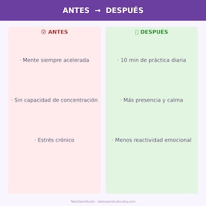 May include: A graphic comparing "Antes" (Before) and "Despu&eacute;s" (After) states. The left side, in pink, lists "Mente siempre acelerada," "Sin capacidad de concentraci&oacute;n," and "Estr&eacute;s cr&oacute;nico." The right side, in green, lists "10 min de pr&aacute;ctica diaria," "M&aacute;s presencia y calma," and "Menos reactividad emocional."