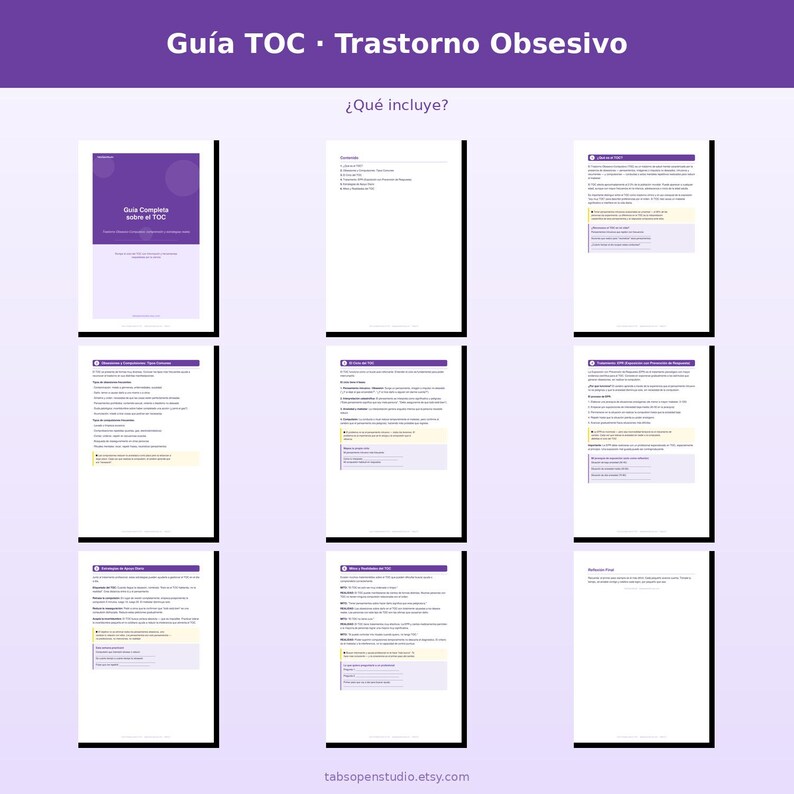 May include: A digital guide with the title "Gu&iacute;a TOC &bull; Trastorno Obsesivo" in white text on a purple background. The guide is displayed in a grid of nine pages with text and purple accents on a light purple background.