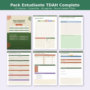 May include: A collection of six printable documents with a green and white color scheme. The top banner reads "Pack Estudiante TDAH Completo" in Spanish. The documents include templates for academic planning and study schedules.