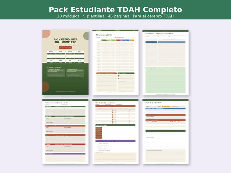 May include: A collection of six printable documents with a green and white color scheme. The top banner reads "Pack Estudiante TDAH Completo" in Spanish. The documents include templates for academic planning and study schedules.