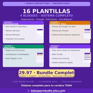May include: A purple graphic with the text "16 PLANTILLAS 4 BLOQUES SISTEMA COMPLETO" and details on organization, energy, emotions, and anti-block. Includes a bundle of 16 templates with a starter pack, planner, and more.