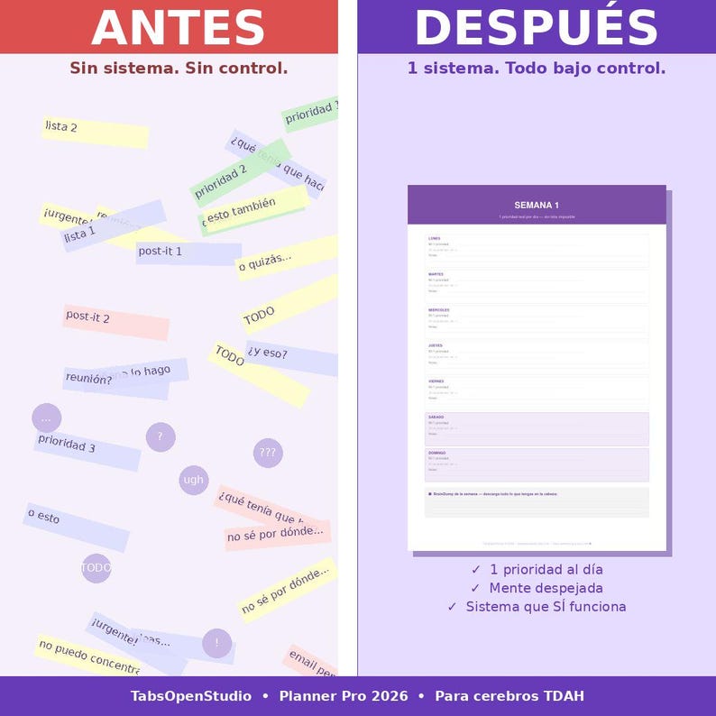May include: A comparison image with the text "ANTES" and "DESPU&Eacute;S" in Spanish. The "ANTES" side shows scattered sticky notes with handwritten notes. The "DESPU&Eacute;S" side displays a structured weekly planner. The image promotes organization.