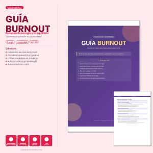 May include: A digital guide titled "Burnout Guide" in Spanish, with a purple and white design. The guide includes sections on burnout evaluation, recovery plans, and self-care. The image also features a smaller document with a recovery plan.