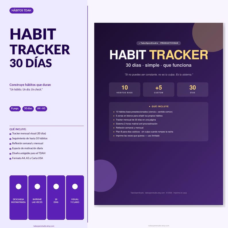 May include: A digital habit tracker in purple and white, with the title "HABIT TRACKER 30 D&Iacute;AS" in large white letters. The design includes sections for tracking habits, weekly reflections, and daily motivation. The text includes "Construye h&aacute;bitos que duran".