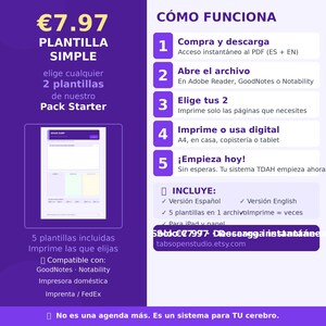 May include: A digital template pack with a purple and white design, featuring the text "PLANTILLA SIMPLE" and "Pack Starter." The image includes instructions on how to use the templates, with options for printing or digital use. The price is &euro;7.97.