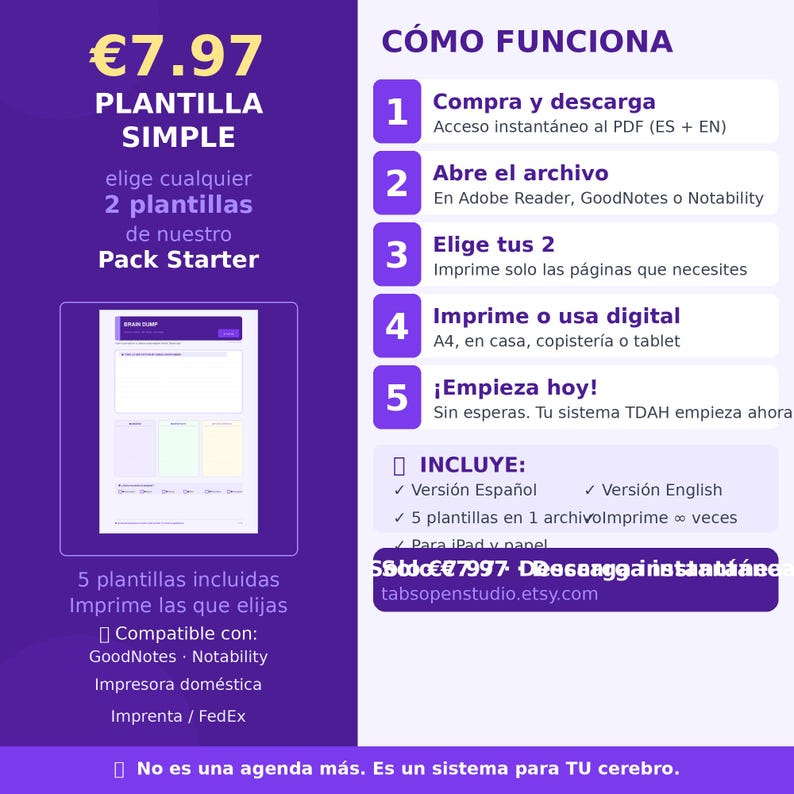 May include: A digital template pack with a purple and white design, featuring the text "PLANTILLA SIMPLE" and "Pack Starter." The image includes instructions on how to use the templates, with options for printing or digital use. The price is &euro;7.97.