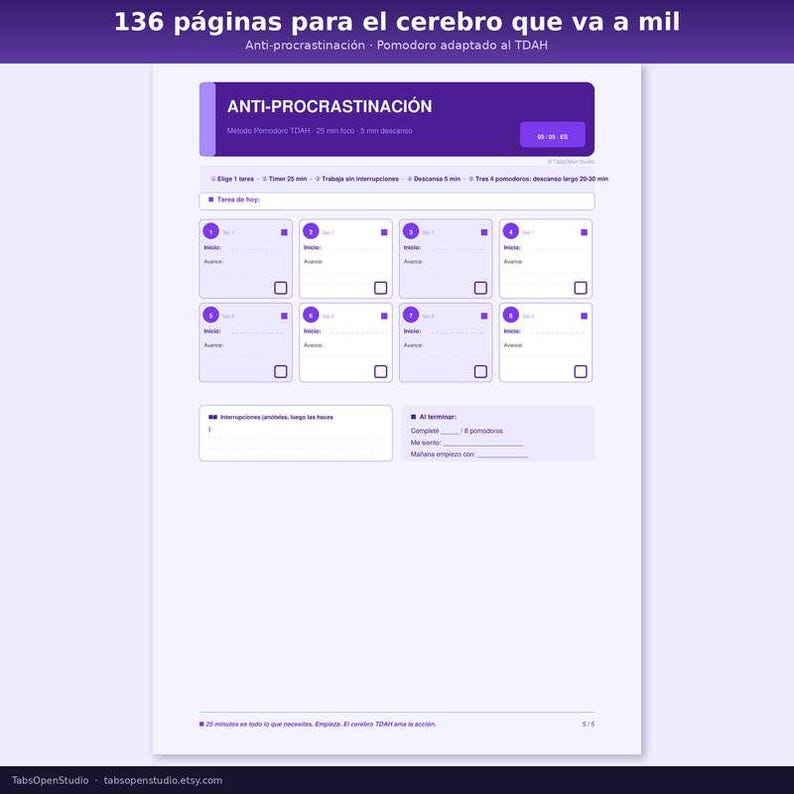 May include: A white and purple productivity planner page with the text "ANTI-PROCRASTINACI&Oacute;N" and "136 p&aacute;ginas para el cerebro que va a mil". The page includes sections for tasks and a Pomodoro timer adapted for ADHD.