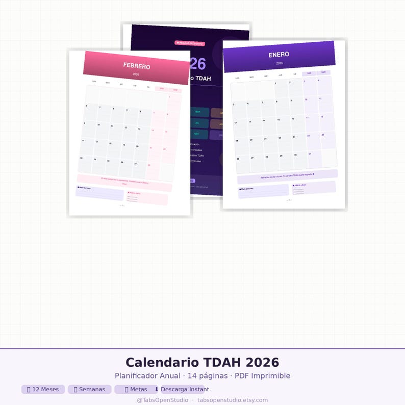 Pu&ograve; includere: Un set di tre calendari stampabili per il 2026, con layout mensili in tonalit&agrave; rosa e viola. I calendari includono i testi "FEBRERO" e "ENERO", con il testo "Calendario TDAH 2026" in basso. &Egrave; visibile anche il nome del negozio Etsy.