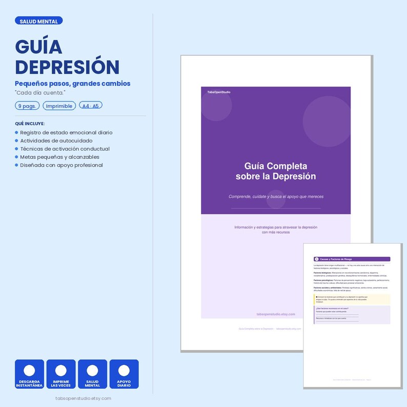 K&ouml;nnte beinhalten: Ein digitaler Ratgeber mit dem Titel "Depressions-Leitfaden" in lila und wei&szlig;. Der Ratgeber enth&auml;lt Abschnitte zur Erfassung des emotionalen Zustands, Selbstpflegeaktivit&auml;ten und erreichbaren Zielen. Der Ratgeber ist mit professioneller Unterst&uuml;tzung konzipiert.