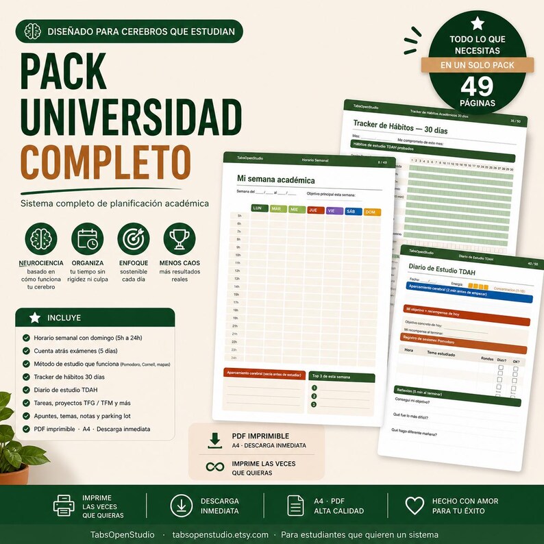 May include: A complete university pack with 49 pages, designed for students. Includes a weekly schedule, exam countdown, study method, 30-day habit tracker, ADHD study diary, and printable PDF. The pack is designed to help students organize their time and focus.