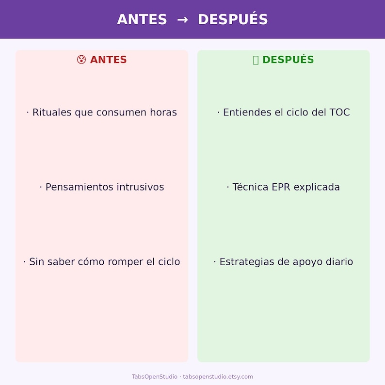 May include: A graphic with the text "ANTES" and "DESPU&Eacute;S" in purple. The left side, in pink, lists "Rituales que consumen horas", "Pensamientos intrusivos", and "Sin saber c&oacute;mo romper el ciclo". The right side, in green, lists "Entiendes el ciclo del TOC", "T&eacute;cnica EPR explicada", and "Estrategias de apoyo diario".