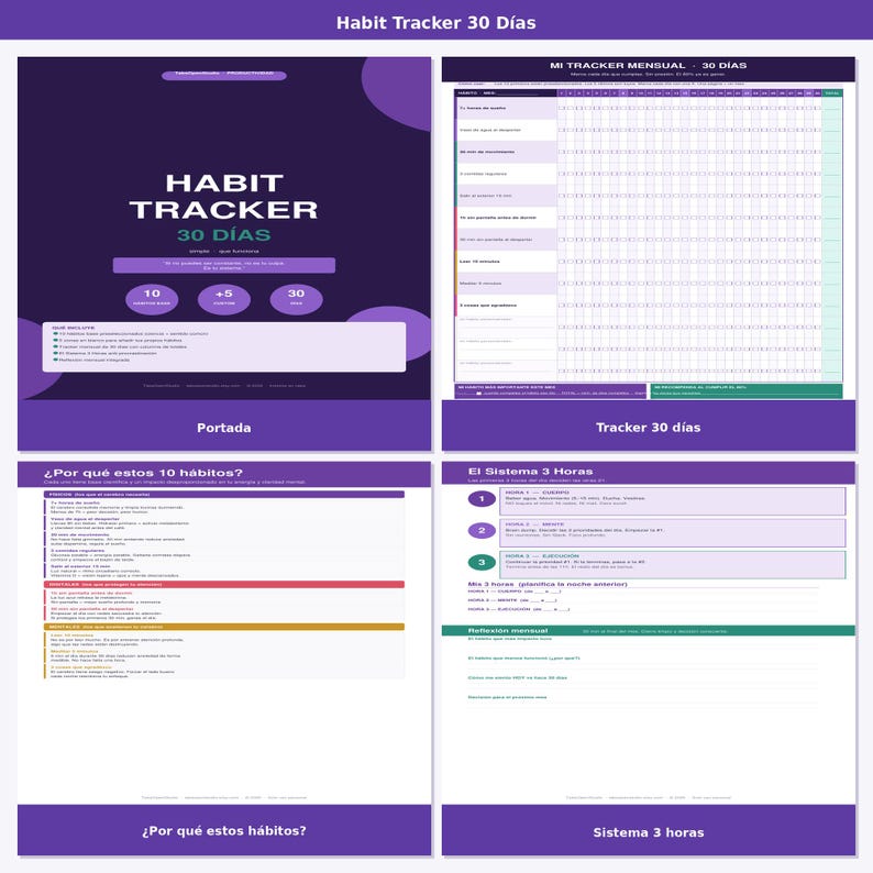 May include: A purple and white habit tracker with the text "Habit Tracker 30 D&iacute;as". The tracker includes sections for daily tracking, goal setting, and habit analysis. The design is clean and organized, with clear headings and a user-friendly layout.