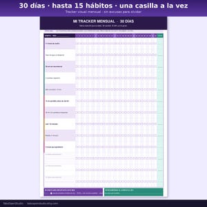 May include: A printable habit tracker with a purple header that reads "30 days, up to 15 habits, one box at a time." The tracker is designed for 30 days and includes spaces to track habits like sleep, water intake, and exercise.