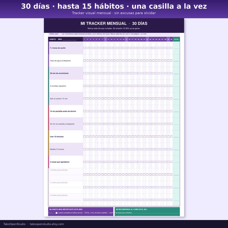 May include: A printable habit tracker with a purple header that reads "30 days, up to 15 habits, one box at a time." The tracker is designed for 30 days and includes spaces to track habits like sleep, water intake, and exercise.