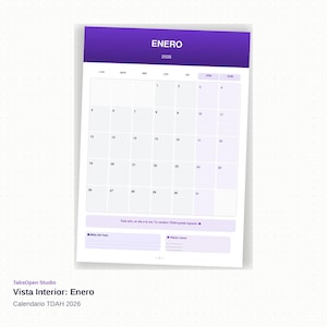 Pu&ograve; includere: Una pagina di calendario bianca per gennaio 2026, con un'intestazione viola che recita "ENERO" e l'anno. La griglia del calendario &egrave; grigio chiaro con le date. Il fondo ha testo e spazio per le note. Il testo "Vista Interior: Enero" &egrave; visibile.