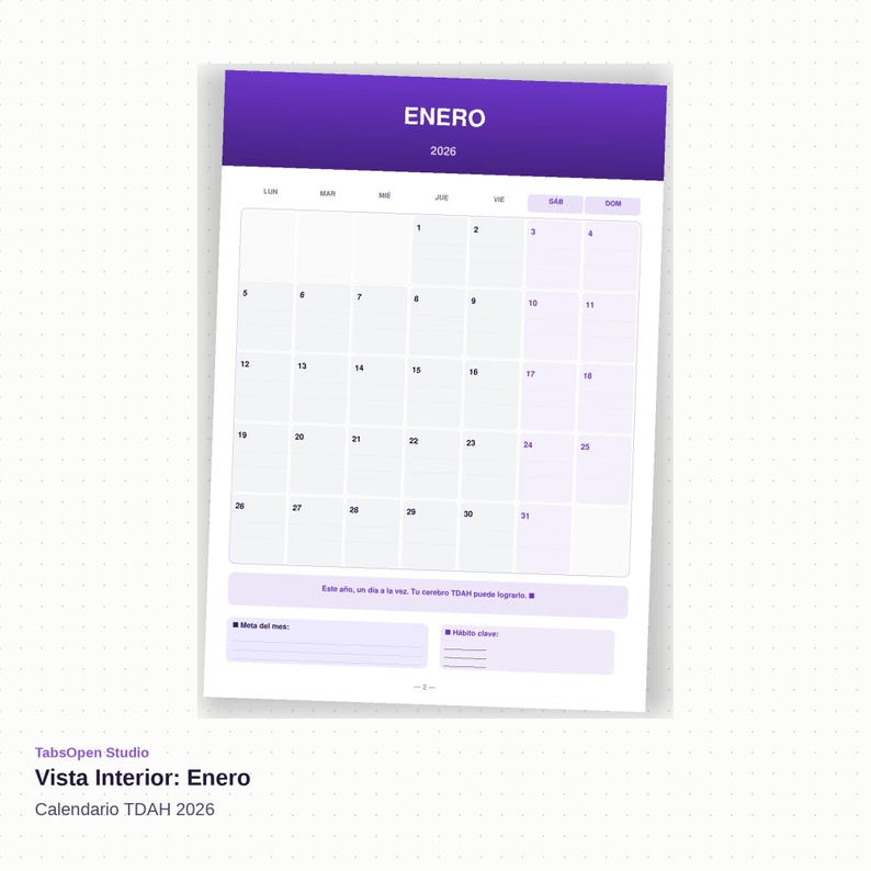 Pu&ograve; includere: Una pagina di calendario bianca per gennaio 2026, con un'intestazione viola che recita "ENERO" e l'anno. La griglia del calendario &egrave; grigio chiaro con le date. Il fondo ha testo e spazio per le note. Il testo "Vista Interior: Enero" &egrave; visibile.