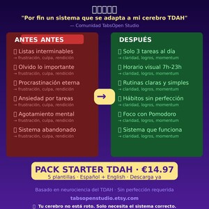 May include: A graphic with text in Spanish and English, detailing a system for managing ADHD. The image contrasts 'Before' and 'After' scenarios, highlighting improvements in task management and focus. The product is a 'Starter Pack' with templates.