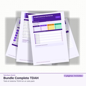 May include: A stack of white project planning sheets with purple and green accents. The top sheet reads "PLANIFICADOR DE PROYECTOS" and includes checkboxes. The bottom of the image displays the text "Bundle Completo TDAH" and "4 p&aacute;ginas incluidas".