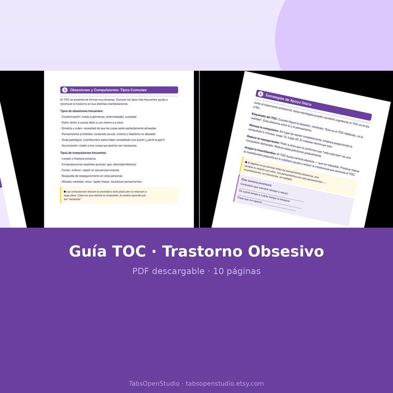 May include: A digital PDF guide titled "Gu&iacute;a TOC - Trastorno Obsesivo" in Spanish, with the text "Obsesiones y Compulsiones: Tipos Comunes" and "Estrategias de Apoyo Diario". The guide is 10 pages long and downloadable.