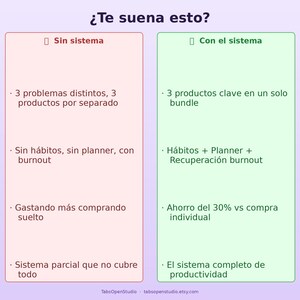 May include: A graphic comparing two systems, one labeled "Sin sistema" (Without system) and the other "Con el sistema" (With the system). The image lists problems and solutions, with text in Spanish. The bottom of the image includes the Etsy shop name.
