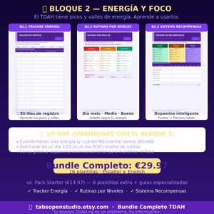 May include: Digital ADHD planner bundle with three sections: Energy Tracker, Level Routines, and Reward System. Includes 16 templates in Spanish and English. The bundle is designed to help manage energy levels and focus.