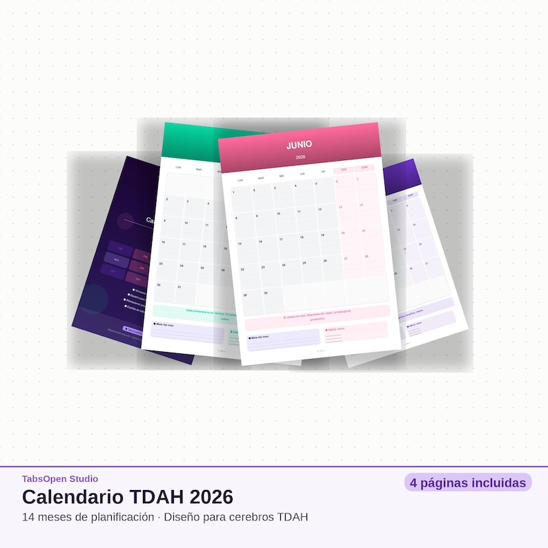 Pu&ograve; includere: Una pila di calendari colorati del 2026 con il mese di giugno visibile. I calendari hanno una combinazione di colori rosa, verde e viola. Il testo "Calendario TDAH 2026" &egrave; visibile, insieme a "4 p&aacute;ginas incluidas".