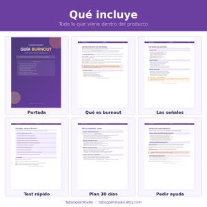 May include: A digital guide with the title "GU&Iacute;A BURNOUT" in Spanish, detailing burnout recovery. The guide includes sections on what burnout is, signs, a quick test, a 30-day plan, and how to seek professional help. The background is purple.