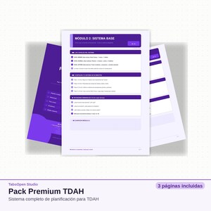 May include: A stack of white papers with purple and blue accents. The papers have text in Spanish, including "M&oacute;dulo 2: Sistema Base" and "Pack Premium TDAH". The image also includes the text "3 p&aacute;ginas incluidas".