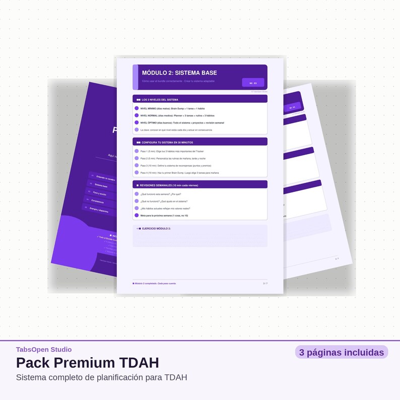 May include: A stack of white papers with purple and blue accents. The papers have text in Spanish, including "M&oacute;dulo 2: Sistema Base" and "Pack Premium TDAH". The image also includes the text "3 p&aacute;ginas incluidas".