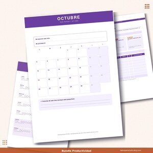 May include: A stack of white paper sheets with purple accents. The top sheet is a monthly calendar for October, with the word "OCTUBRE" at the top. The calendar includes space for notes and priorities. The bottom of the image reads "Bundle Productividad."